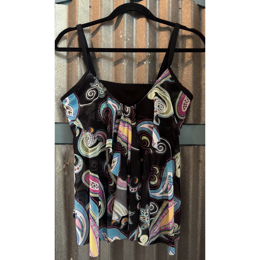 Mazu Swim Ruffled V-neck Paisley Tankini Top Size 12 Blouson Style Slimming